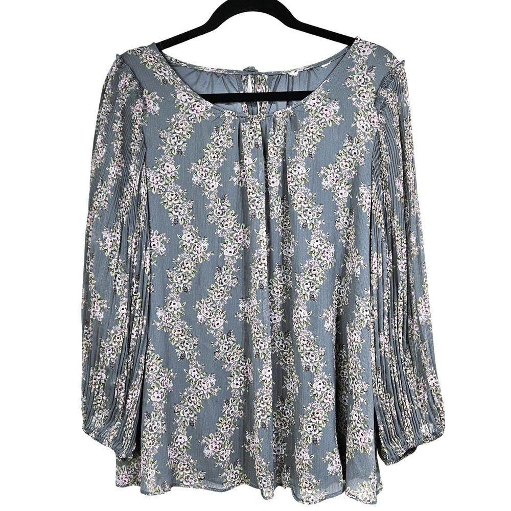 Shabby Chic Gray Pink Floral Pleated Sleeve Flowy Blouse XL Cottagecore Boho Top